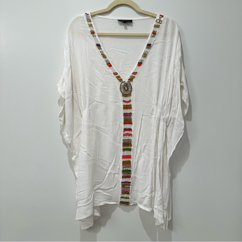 White beaded flutter sleeve tunic swim cover up